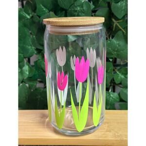 Pink Tulips Flower Color Changing Glass Can with Bamboo Lid and Glass Straw 16oz